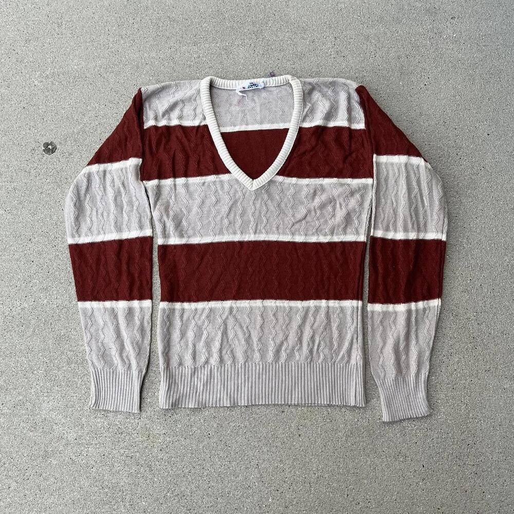 Vintage 70s v-neck light brown khaki red striped Longsleeve shirt